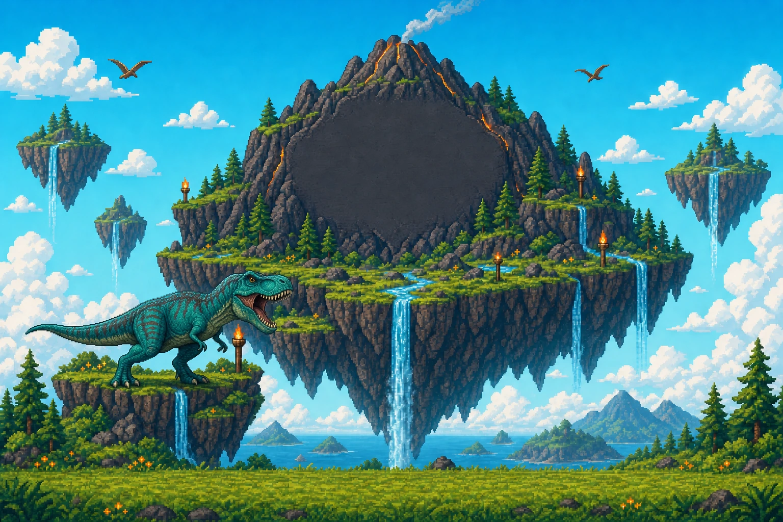 A floating pixel-art volcano island with a roaring teal T-rex, the ClustARK world